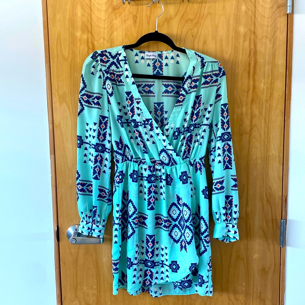 Brigitte Bailey Blue Patterned Faux Wrap Mini Dress, Small